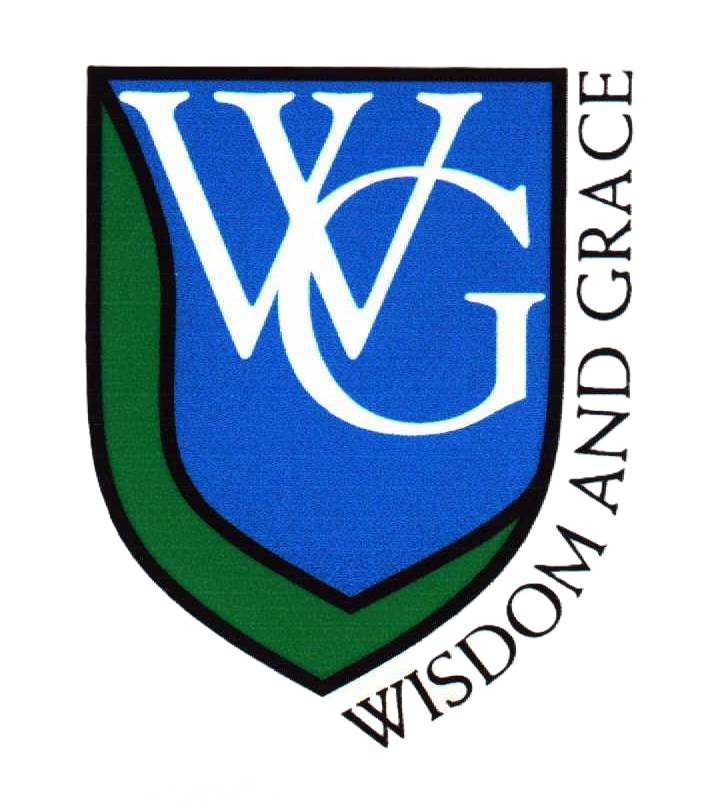 Blue and green shield with white letters WG and the text Wisdom and Grace curved around the bottom.
